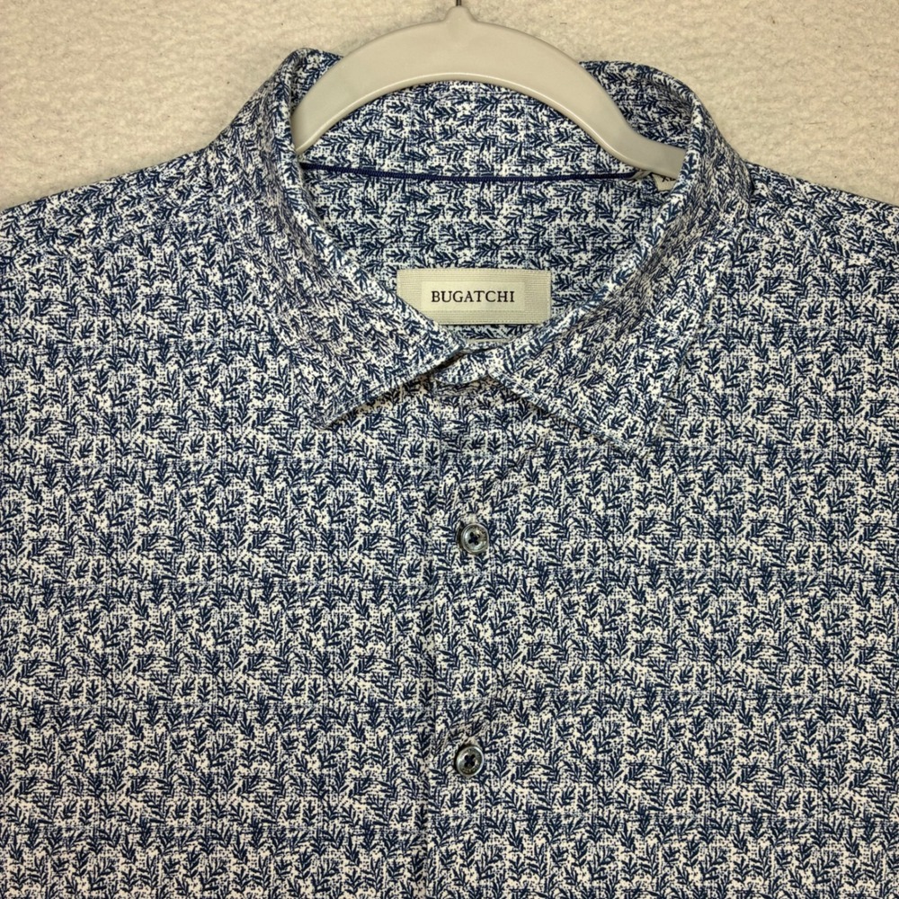 Bugatchi 8 Way Stretch Button Shirt Men XL Blue Floral Short Sleeve OoohCotton